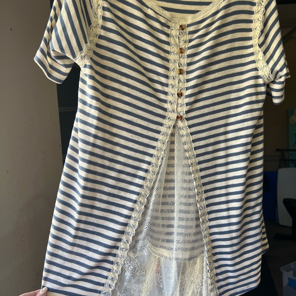 Striped Lace Button-Front Top